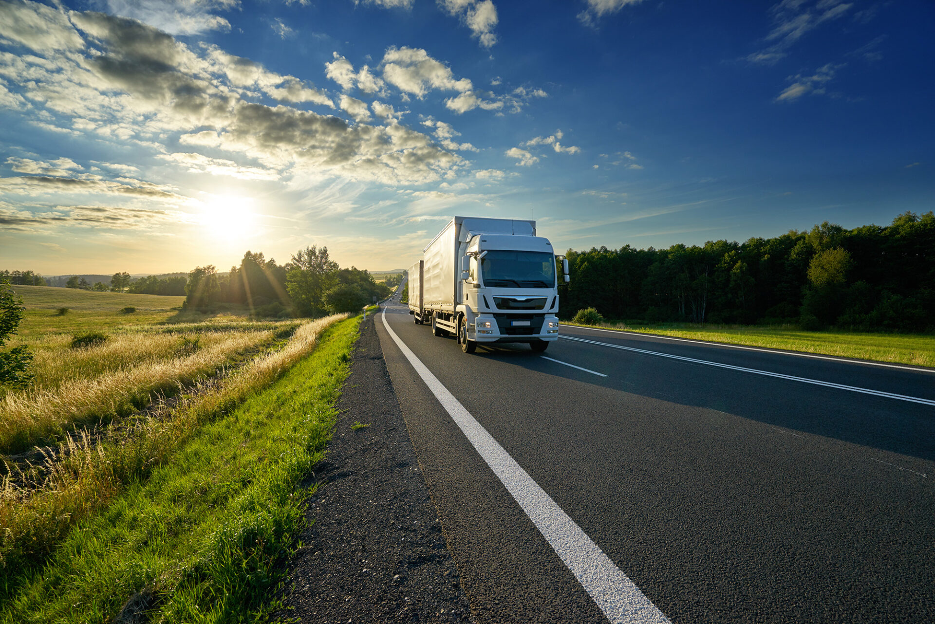 White delivery truck driving on the asphalt road in rural landsc